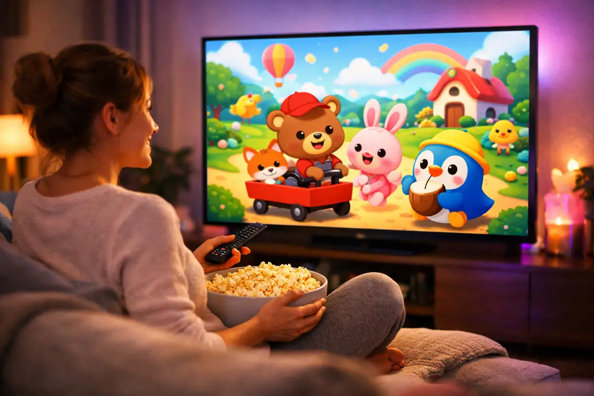 Kobieta na kanapie z popcornem ogląda bajkę w telewizorze