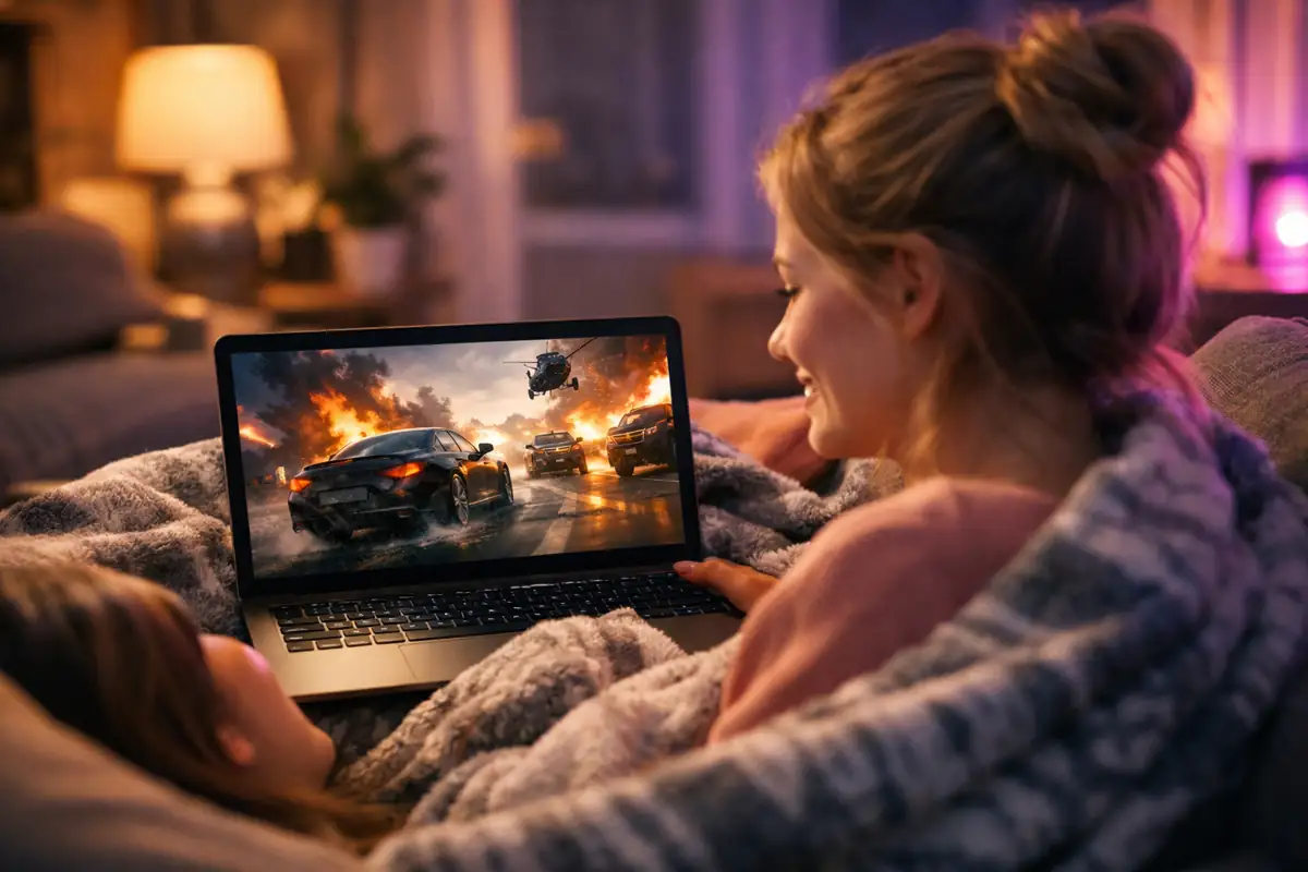 Dwie osoby pod kocem oglądają film na laptopie