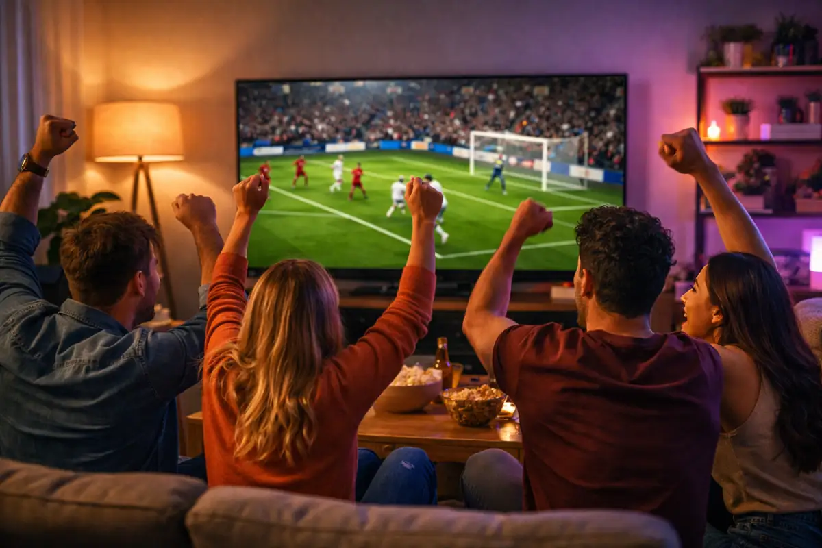 Przyjaciele kibicują przed telewizorem z meczem