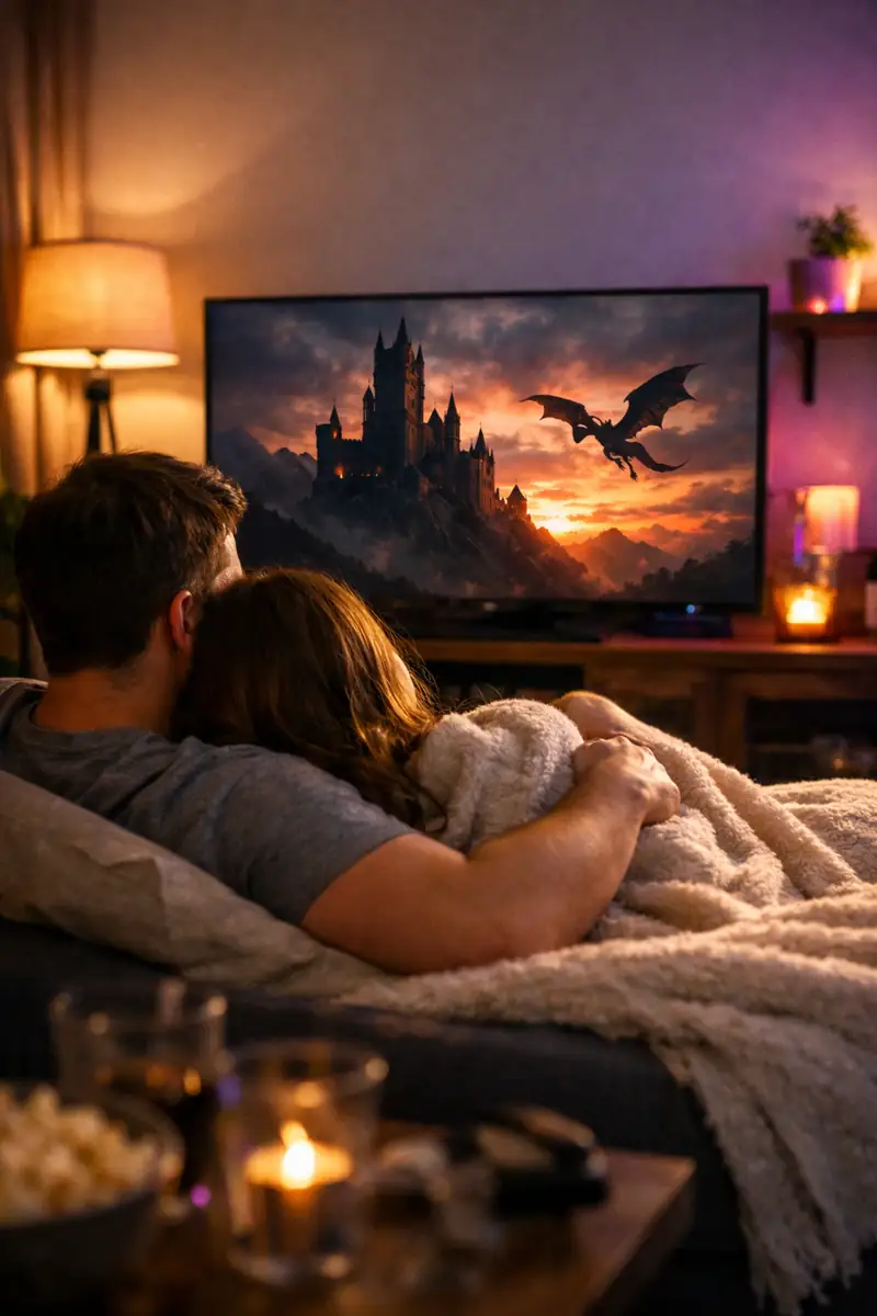 Para pod kocem ogląda serial fantasy