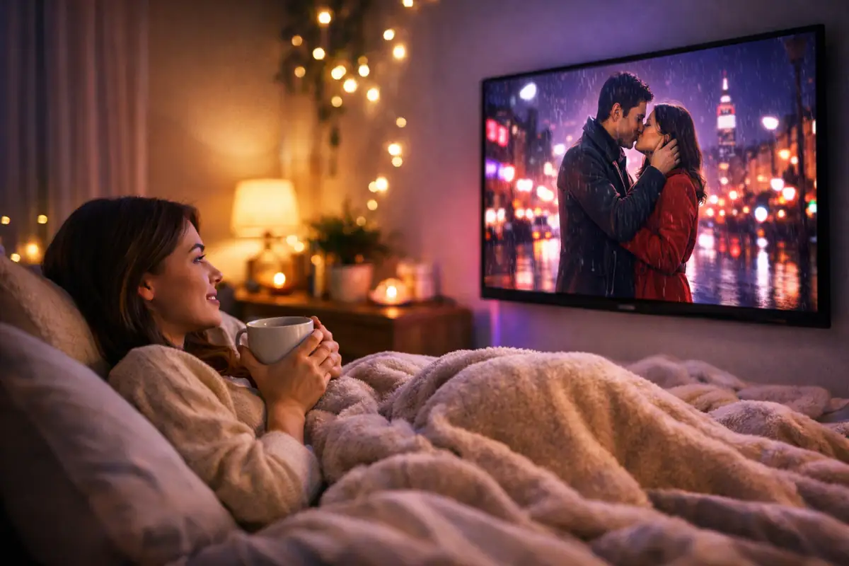 Kobieta w pokoju ogląda film na telewizorze