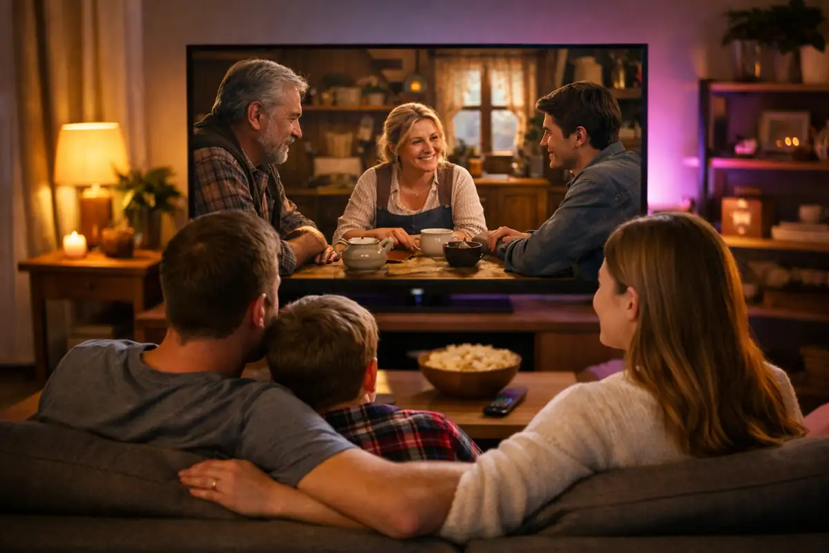 Rodzina ogląda polski serial na dużym telewizorze